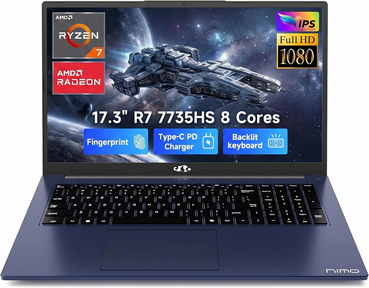 NIMO 17.3" Light Gaming Laptop, AMD Ryzen 7 7735HS, 16GB DDR5 512GB RAM | 8 Cores, Boost 4.75GHz, Radeon 680M, IPS FHD, 180° View, Wi-Fi 6E, 100W Type-C, Windows 11, Backlit Keyboard Computer