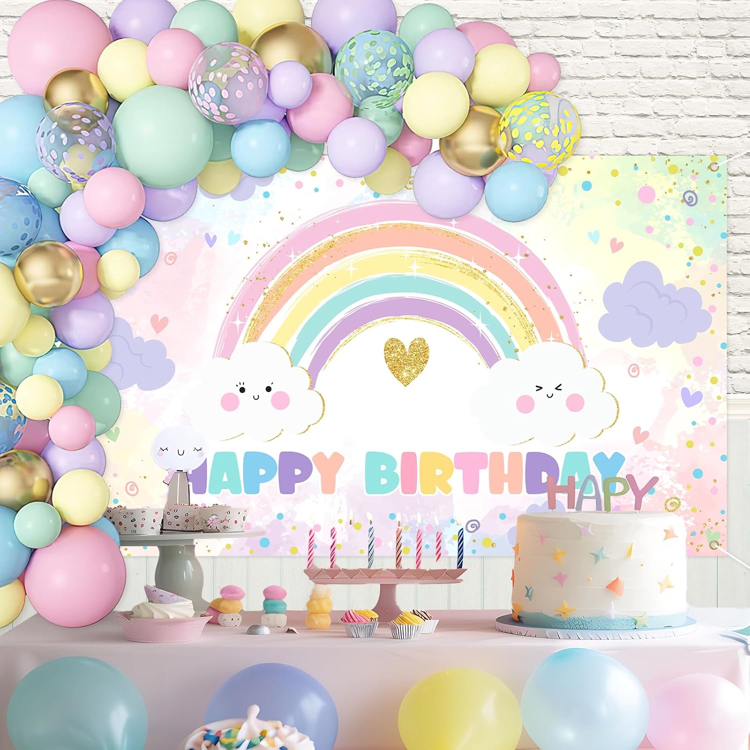 Avezano Rainbow Birthday Backdrop for Girls Pastel Rainbow Happy Birthday Party Decorations Banner Colorful Sprinkled Dots Girl's Happy Bday Backdrop (6x3.6ft)