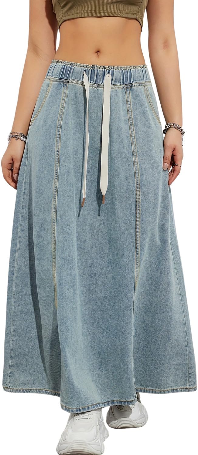 yoeasy Women's Drawstring Elastic High Waist Denim Skirt Casual Flowy Swing A-Line Long Maxi Flare Denim Skirt
