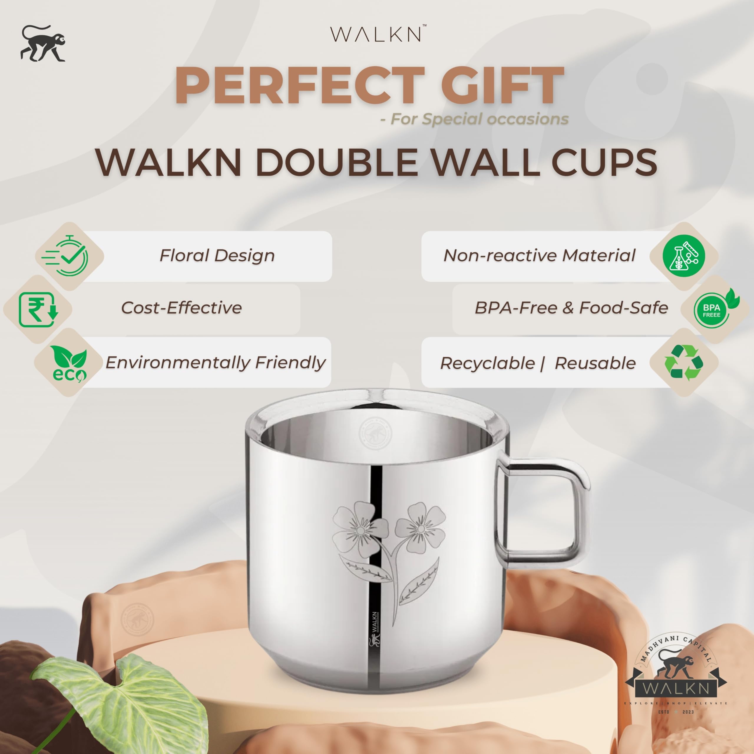 WALKN Floral Tea Cups - Set of 6 Stainless Steel -3