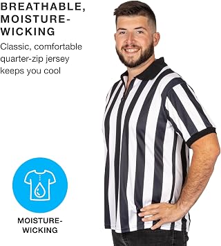 Crown Sporting Goods Men's Official Black & White Stripe Referee/Umpire Jersey Pro-Style Ref Uniform, Great for Basketball, Football, Soccer