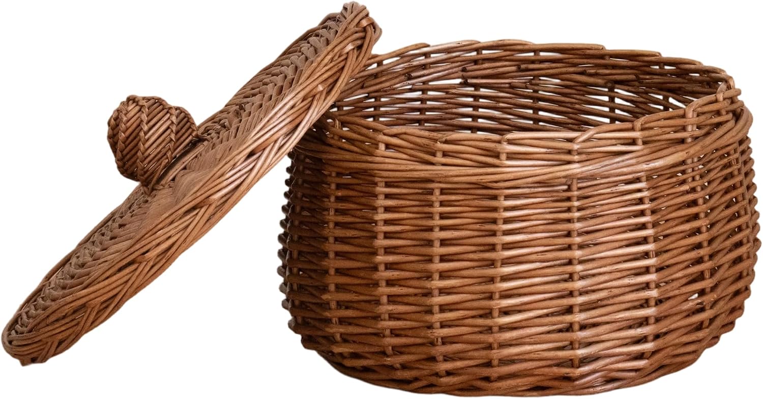 Handwoven Wicker Egg Basket with Lid, Round Farmhouse Rustic Collecting for Kitchen, Chicken Coop & Fruit