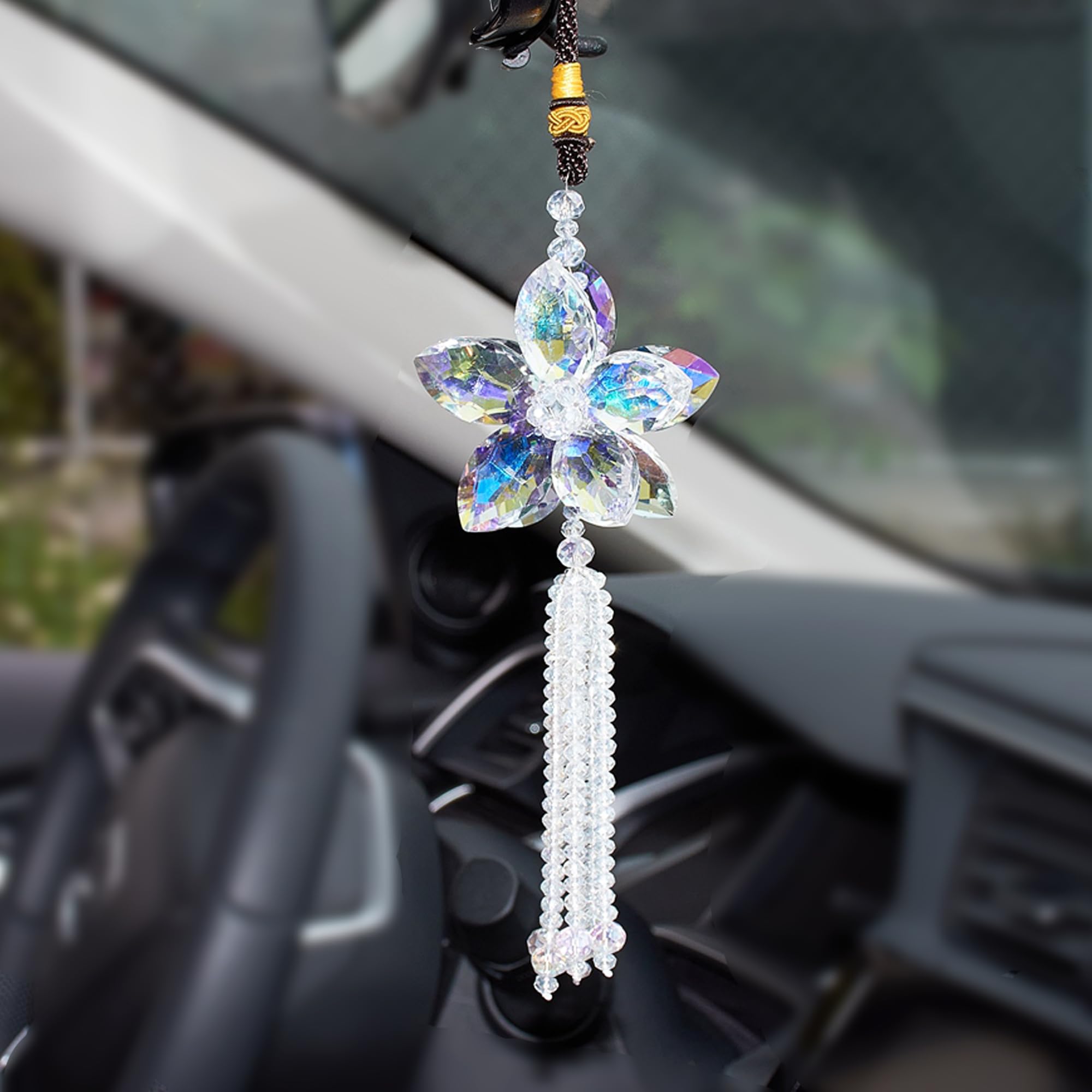 Crystal Flower Car Rear View Mirror Pendant Ornament Lucky Charm with Dangle Beads, Transparent