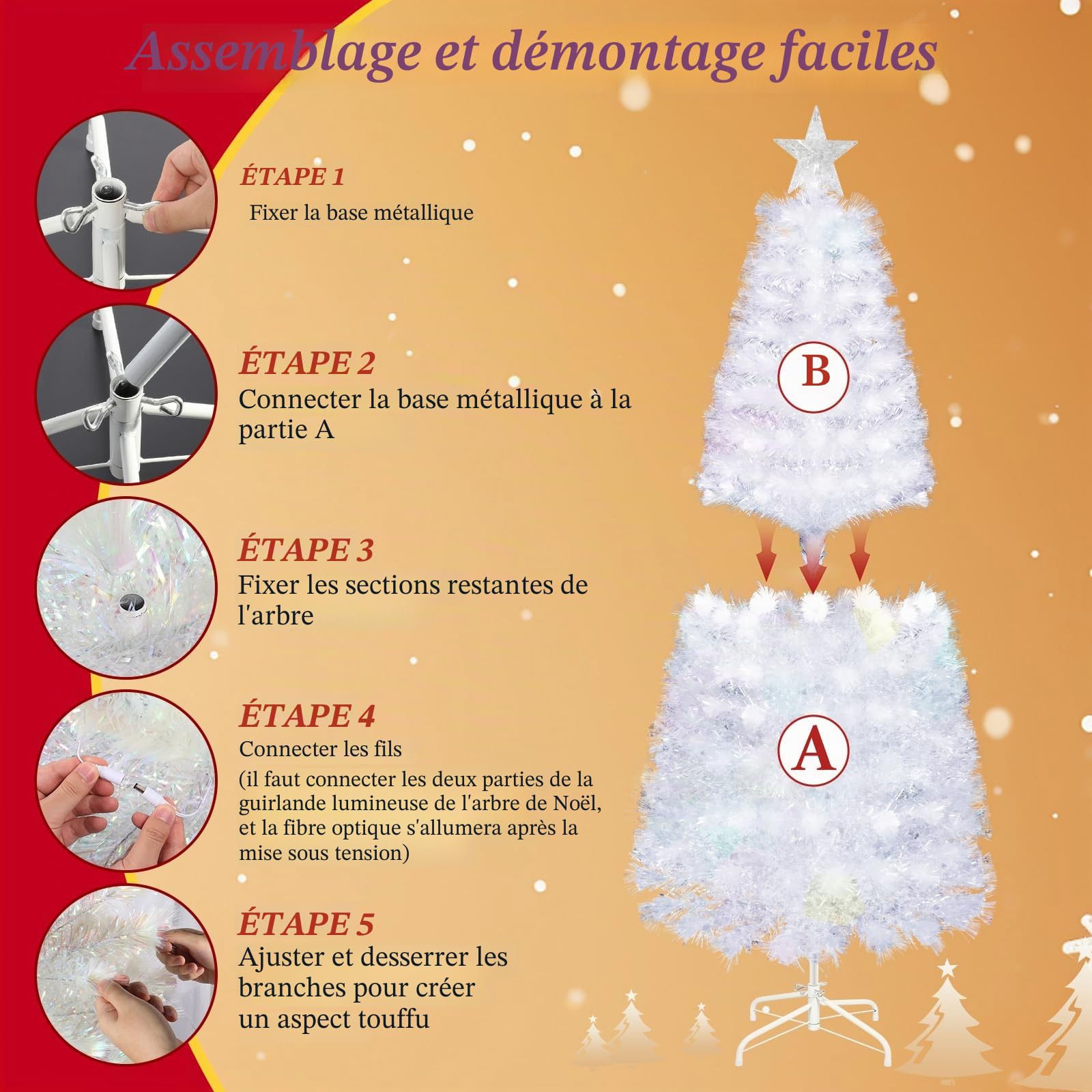 Uten Sapin de Noël Artificiel Blanc 150 cm, Lumineux LED Fibre Optique avec LED, Base métallique, 170 Branches en PVC, décorations de Noël