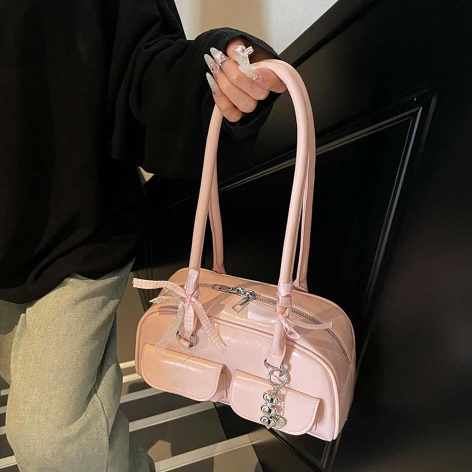 Kawaii Women's Bow Coquette Purse PU Leather Retro Boston Handbag pastel goth handbag