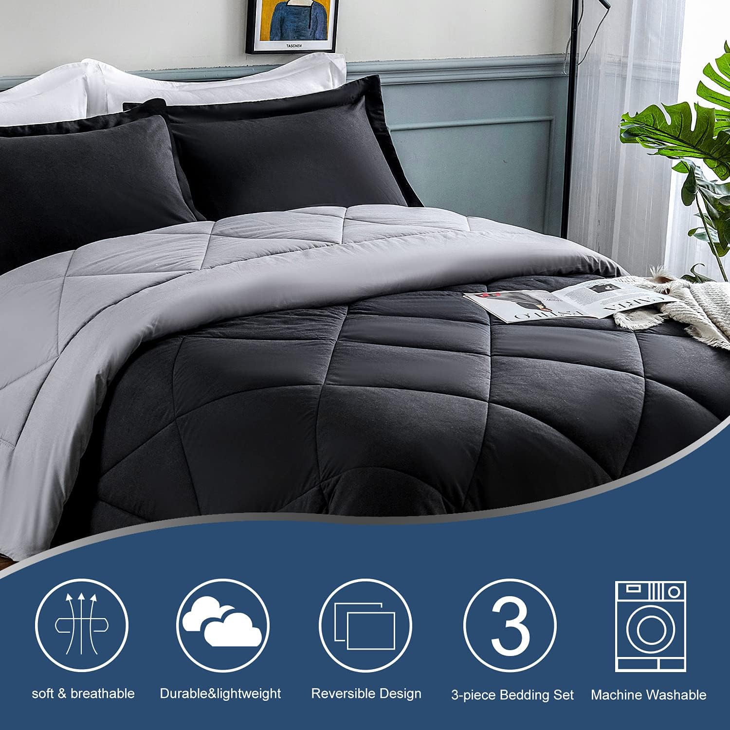 HOdo Twin/Twin XL Comforter Set Black/Light Grey - for Girls and Boys Lightweight Down Alternative Duvet Insert - 2 Pieces - 1 Comforter (68x88 Inches), 1 Pillow Sham(20x26 Inches)