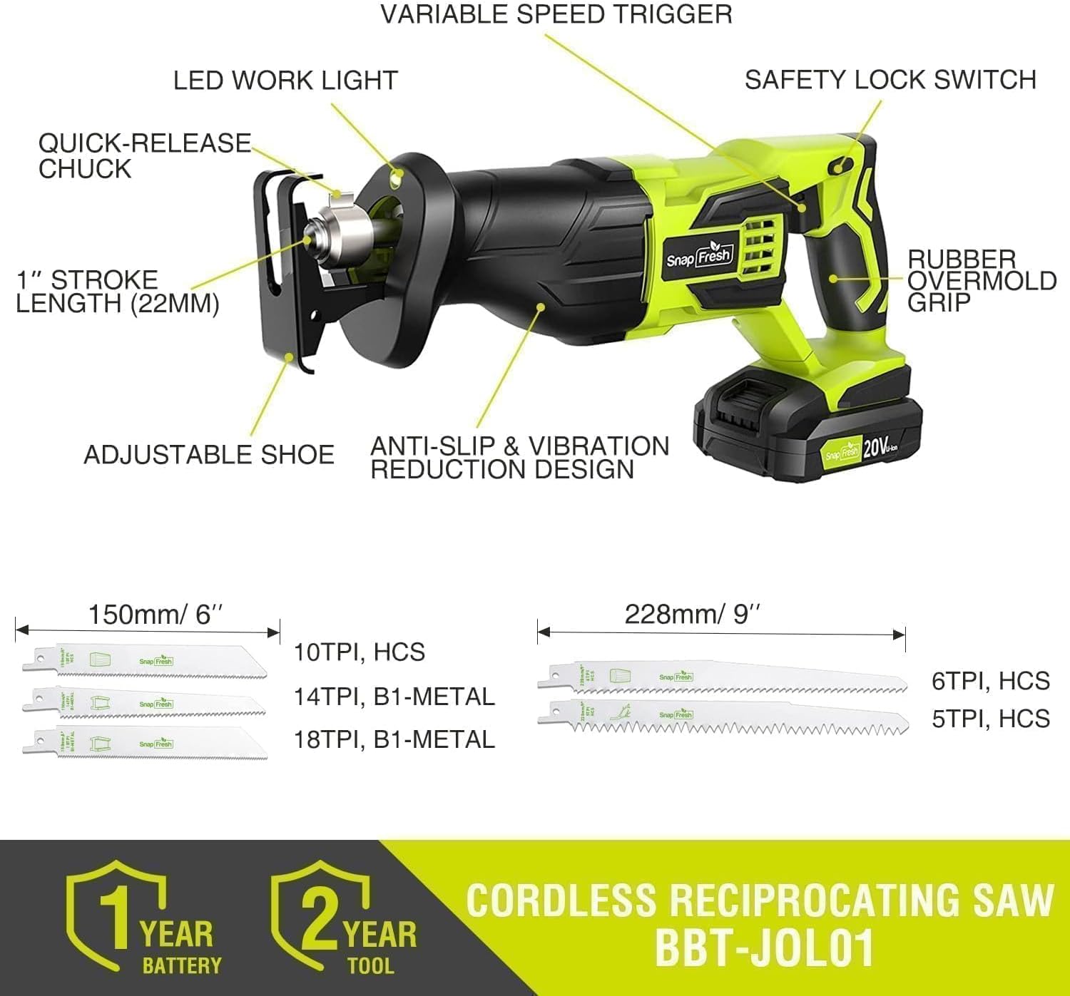 SnapFresh 20V Cordless Reciprocating Saw, 3000 SPM Variable Speed, Tool-Free Blade Change, LED Light, Lightweight One-Handed Compact Electric Saw for Wood, Metal, 2.0Ah Battery & Fast Charger Included