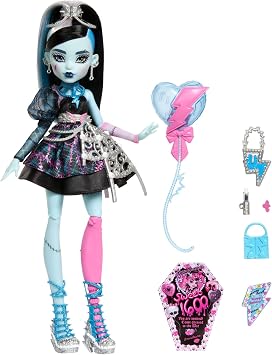 Monster High Scary Sweet Birthday Frankie Stein Doll | Frankenmonster in Black Party Dress with Themed Accessories like Invite, Balloon, Gift, Lipstick and More, JBG75