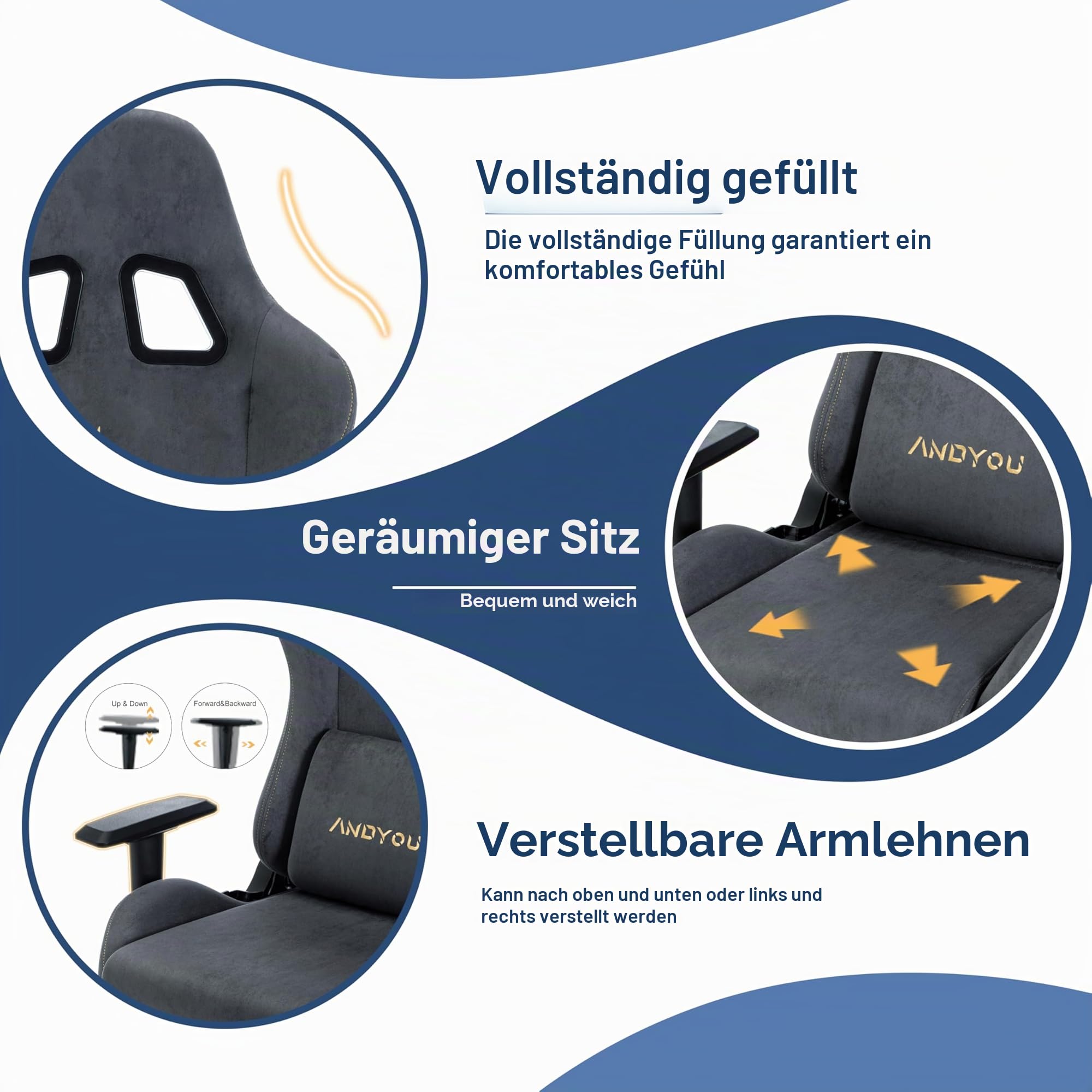 Andyou Gaming Stuhl – Ergonomischer Gaming Sessel Erwachsene, Gamingstuhl mit Fußstütze, Atmungsaktiver Stoff Bürostuhl, Höhenverstellbarer Gaming Chair
