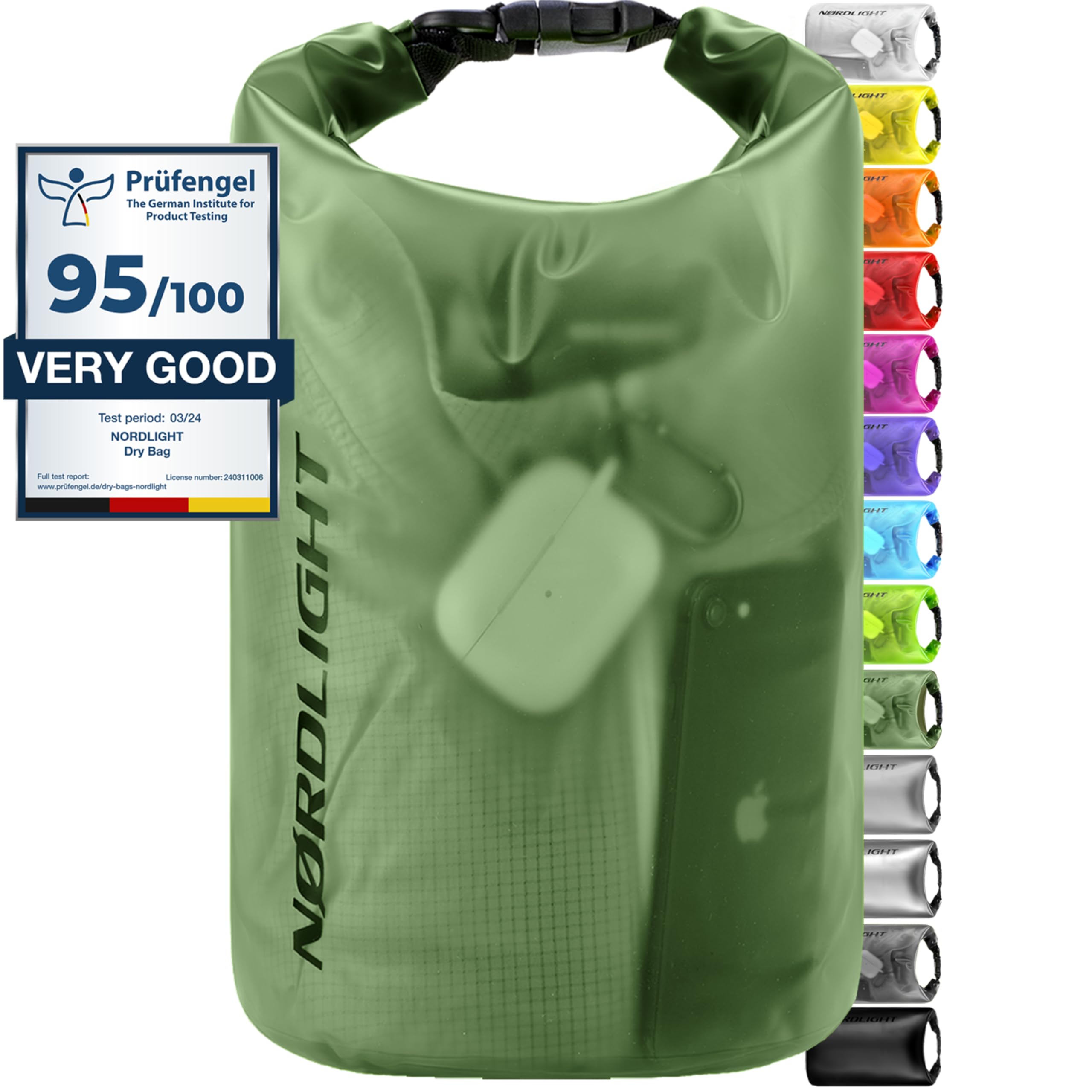 Nordlight Dry Bag e borse impermeabili - zaini impermeabili da 2l, 5l, 10l, 15, 20l, 30l, ccon chiusura a rotolo e tracolla con custodia impermeabile per cellulare e marsupio
