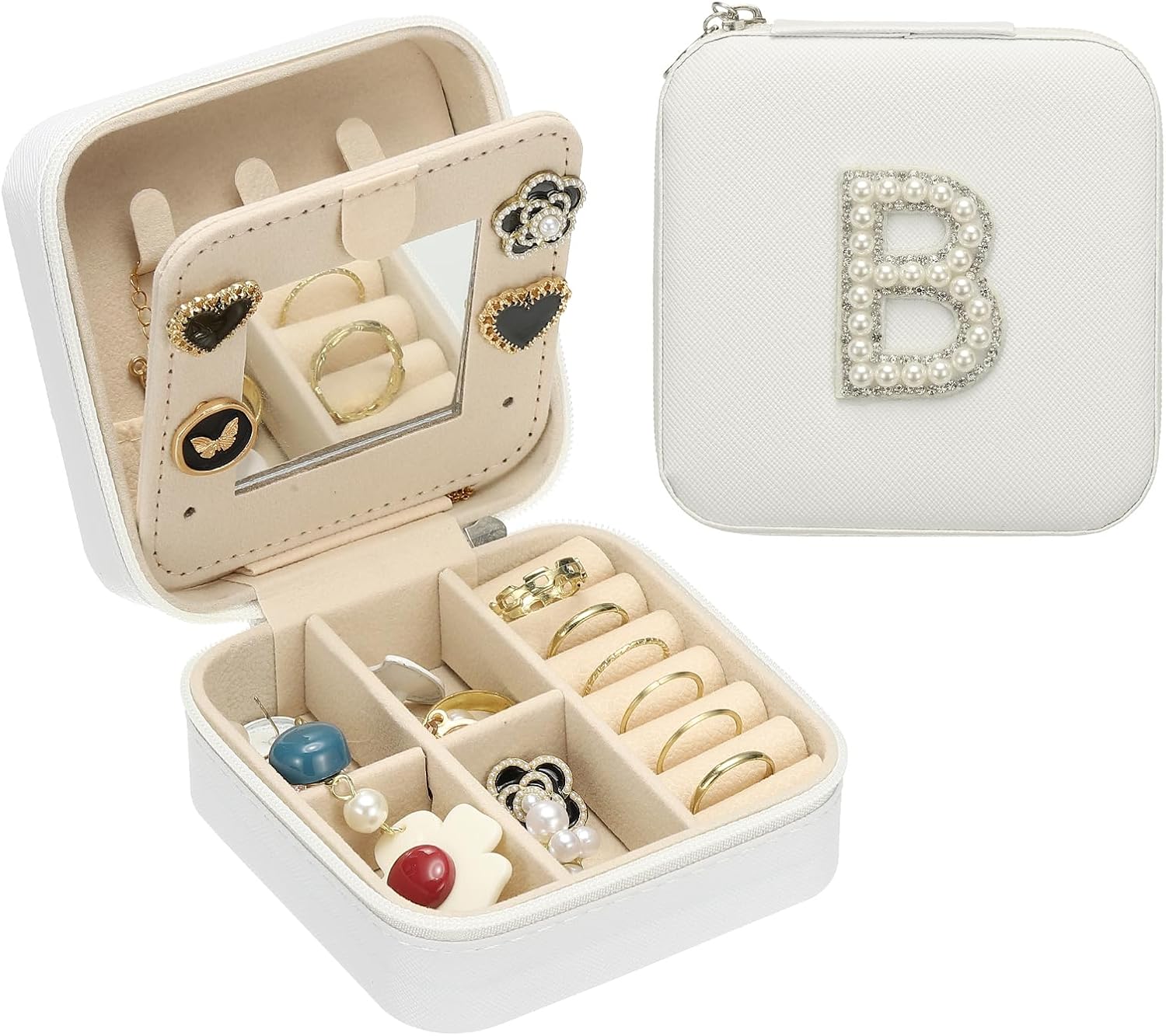 PATIKIL Travel Jewelry Case, N Initial Small Travel Jewelry Box Organizer Rings Earrings Storage Case Personalized Gifts for Women Girls Birthday Christmas Bridesmaid Gifts, White