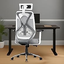 beAAtho Dusk Ergonomic High Back Office Chair 2D Adjustable Arm, Headrest, Lumbar Support, Metal Base Revolving Mesh Chair - Home & Office | 3 Years Warranty (White-Grey)