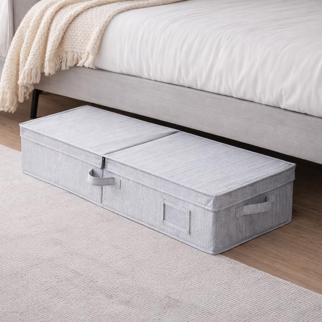 Under Bed Storage Bag with Zipper Closure & Flip-Top Lid - 30x12x6.5 Inch Flat Blanket Storage Container with Handles - Fabric Organizer for Seasonal Clothing in Clay Color, 1-Pack