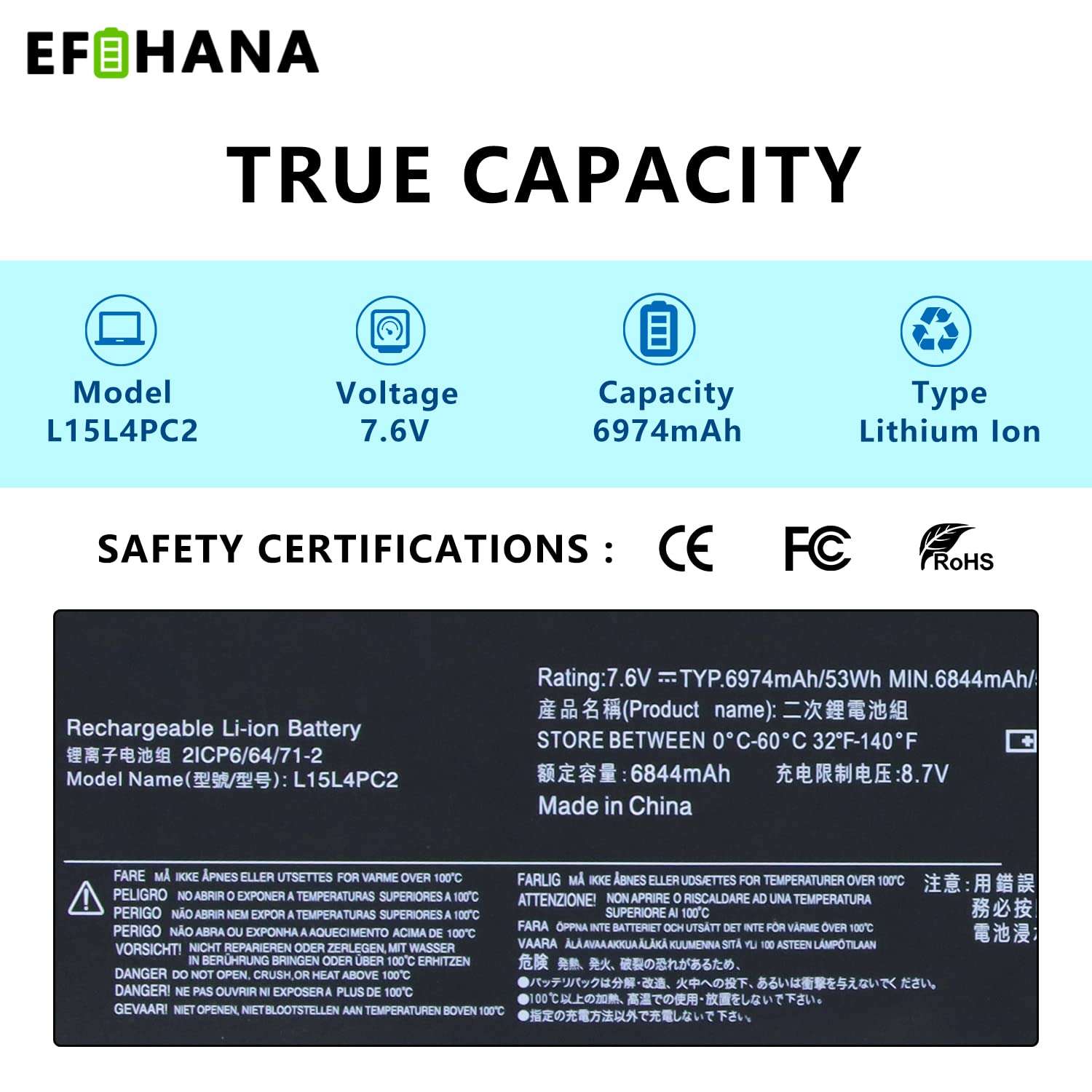 EFOHANA L15L4PC2 L15M4PC2 Laptop Battery Replacement for Ideapad Yoga 710-14IKB 710-14ISK 710-15IKB 710-15ISK Series Notebook 5B10K90802 5B10K90778 7.6V 53Wh 6974mAh 4-Cell