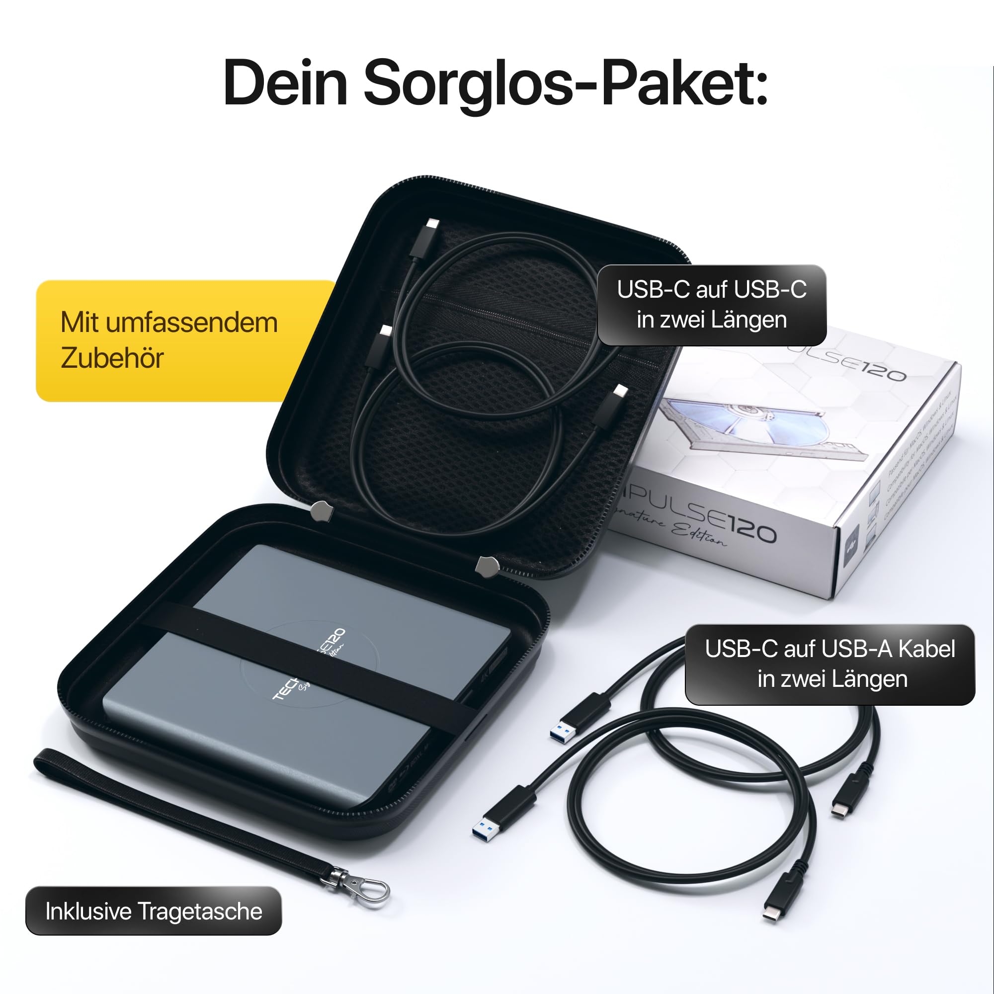 techPulse120 Externes USB 3.1 USB-C UHD 4k 3D M-DISC Blu-ray DVD CD HDR10 128GB Laufwerk Brenner Burner Signature Paket Tasche 90cm Anschlusskabel Aluminium (Grau)