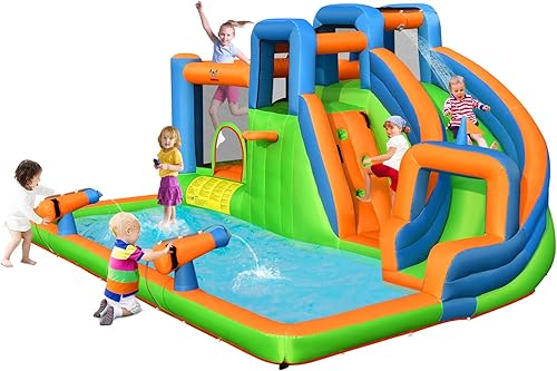 Vista 28 de BOUNTECH Castillo inflable para tobogán acuático, castillo de salto de parque acuático 6 en 1 para niños con 2 piscinas de salpicaduras, anillo