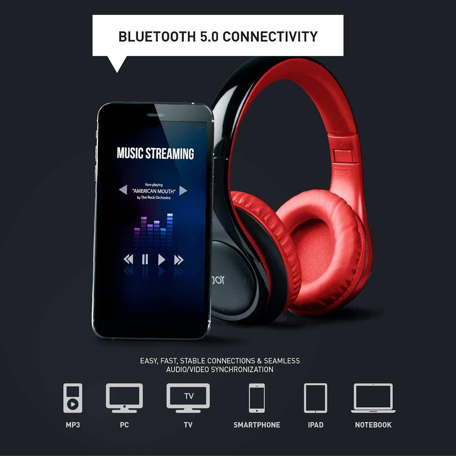 Uр Tо 50% оƒƒ iJoy ISO Bluetooth 5.0 Wireless Over Ear Foldable Stereo Headphones with 30 Hours Battery and Built-in Microphone, Black/Red