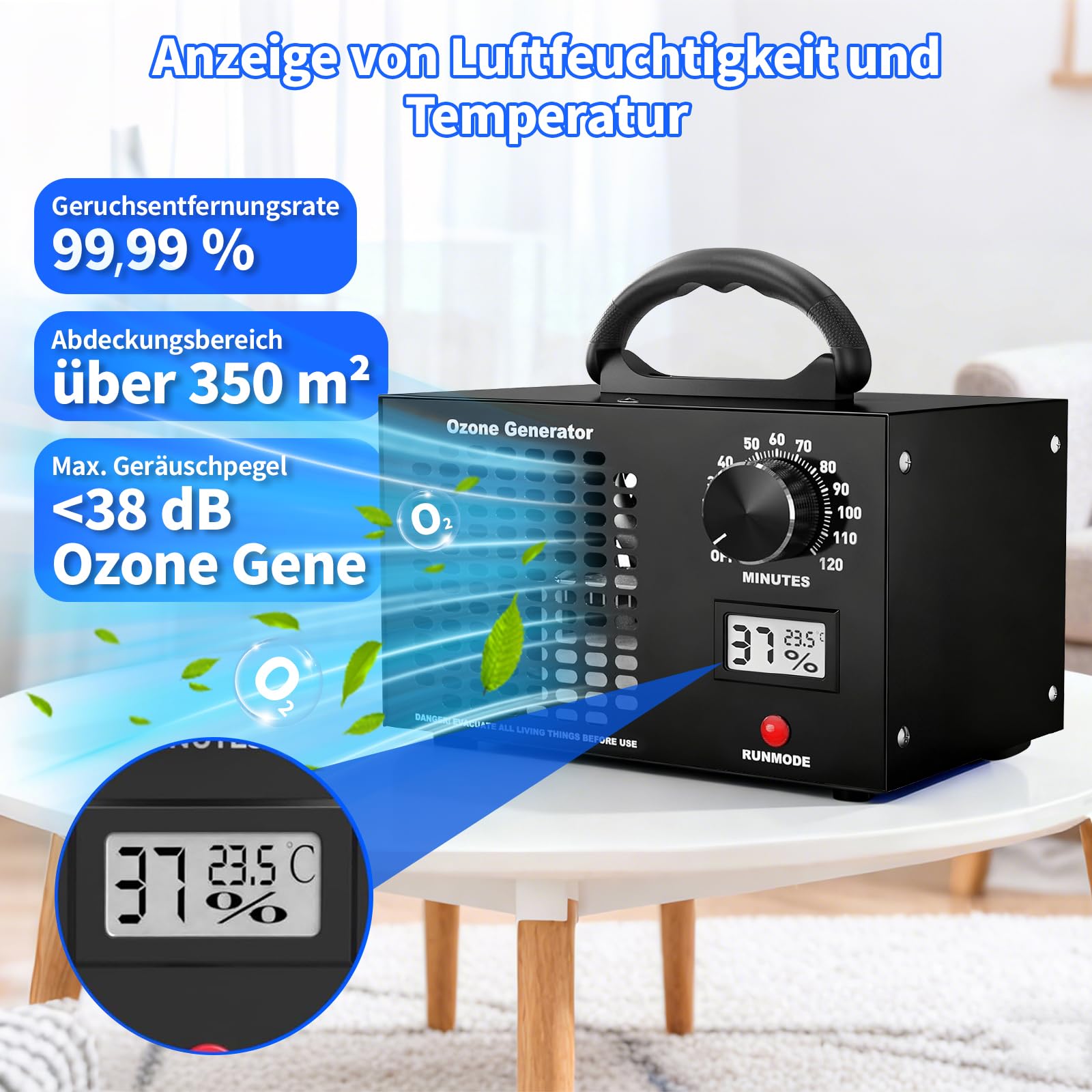 Ozongenerator 60,000 mg/h O3 Ozongerät bis zu 350㎡ mit 120 Min Timer, Temperatur- & Feuchtigkeitsanzeige, Ozonisator Luftreiniger für Auto, Wohnung, Küche, Hotel, Haustiere,Geruchsentfernung (Schwarz)