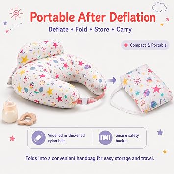 Inflatable Nursing Pillow for Breastfeeding & Bottle-Feeding – Portable Travel Feeding Cushion with Adjustable Waist Strap – Soft Cotton Cover – Odour-Free Thickened TPU Inner – Removable & Washable