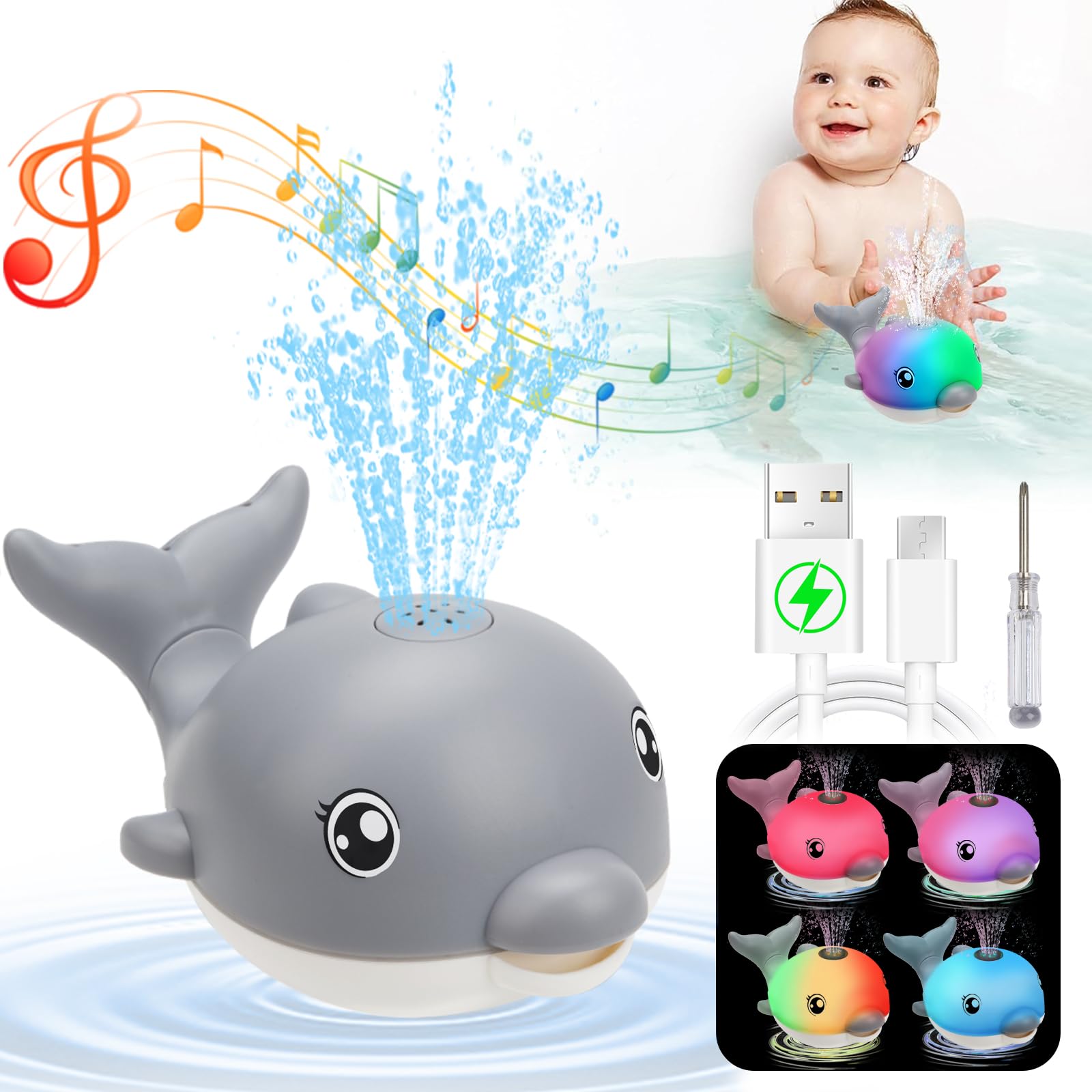 Bath Toys, Light Up Dolphin Baby Bath Toys for Babies 6-12 12-18 Months, Rechargeable Sprinkler Musical Toys, Bathtub Toys for Toddlers 1-3 2-4 Boys Girls Infant Kids- Grey