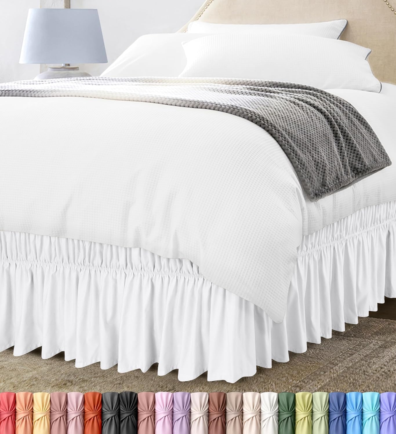 Wrap Around Ruffle Cal King Size Bed Skirt – Adjustable Buckle & Elastic Belt for Easy Installation, 16 Inch Drop – Brushed Microfiber - Machine Washable, Fade and Wrinkle Resistant, White