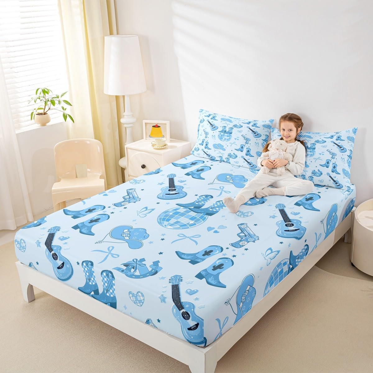 Western Cowgirl Fitted Sheet Full Size,Blue Bowknot Hat Boots Print Soft Fabric Deep Pocket Kids Mattress Cover,Southwest Cowboy Music Guitar Bed Cover with 2 Pillowcases (No Flat Sheet) image 3