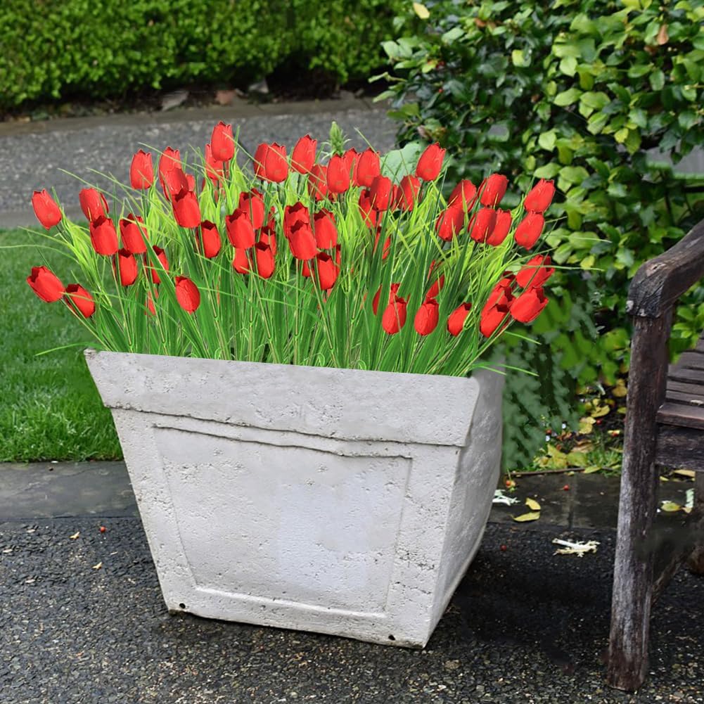 20 Bundles Artificial Tulips Outdoor UV Resistant Faux Flowers Plastic Greenery Shrubs Plants for Home Garden Porch Window Box Wedding Farmhouse Decor (20, Red)