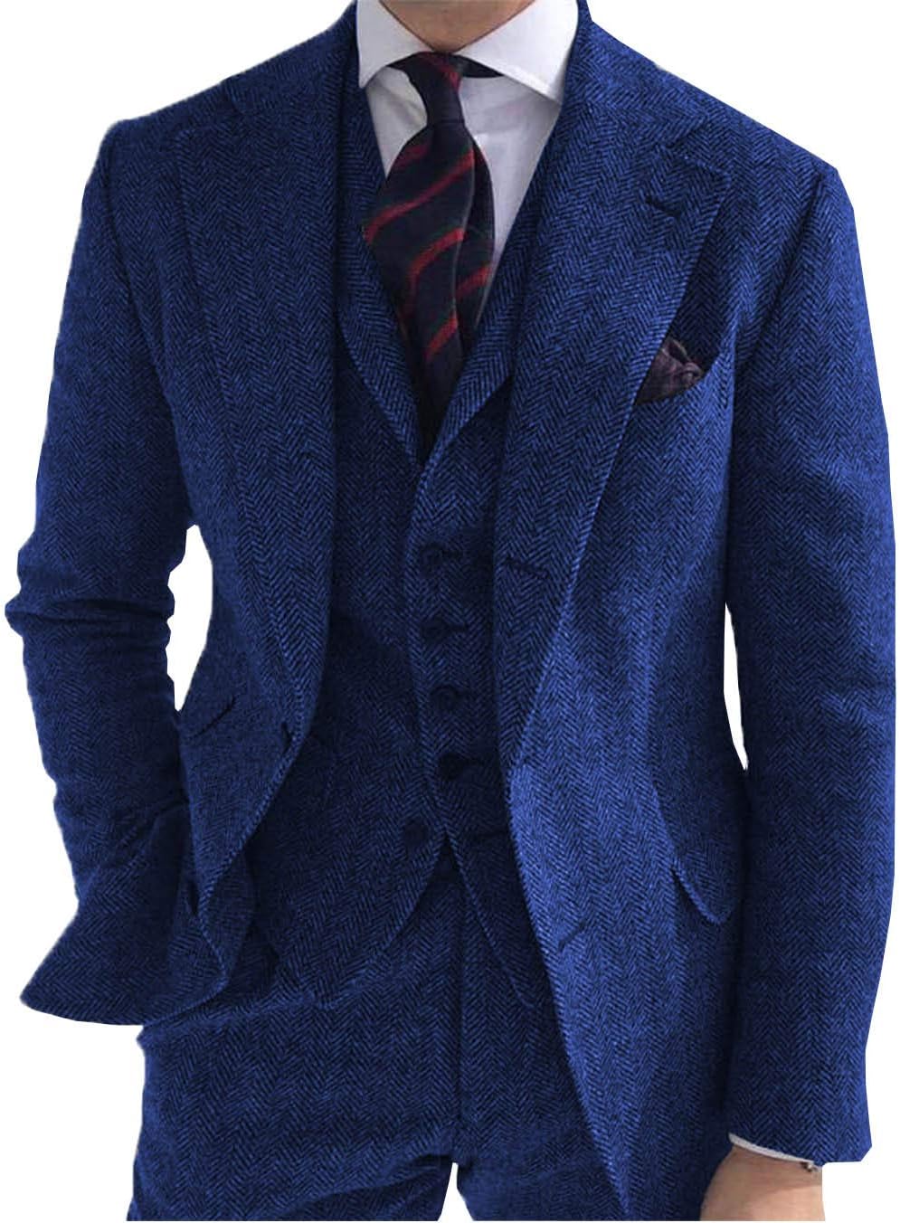 Men's 3 Piece Business Suit Regular Fit Herringbone Groomsmen Tuxedo Wool Jacket Vest & Pants