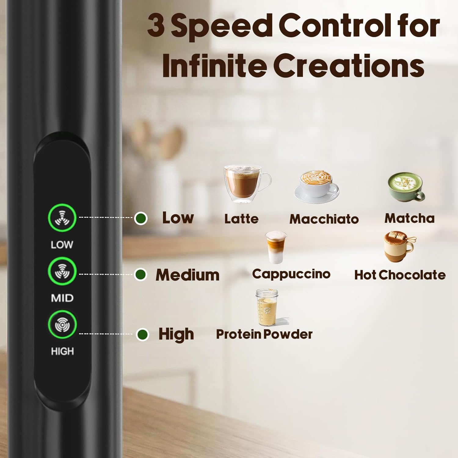 Rechargeable Milk Frother Handheld with 3 Speed, 3 Detachable Whisks with Stand, Electric Coffee Drink Mixer Wand for Cappuccino, Latte, Matcha, Hot Chocolate, Eggs,Protein Black