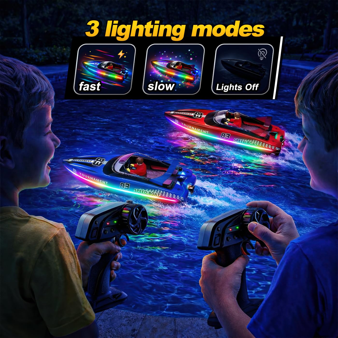 YESHIN Ferngesteuertes Boot 2er Pack, 15km/h RC Boot mit LED Licht, 4 Batterien, 2,4 GHz Fernsteuerung, Wasserdicht & Kentersicher, Geeignet für Pool & Seen, Geschenk für Kinder 8+ & Erwachsene