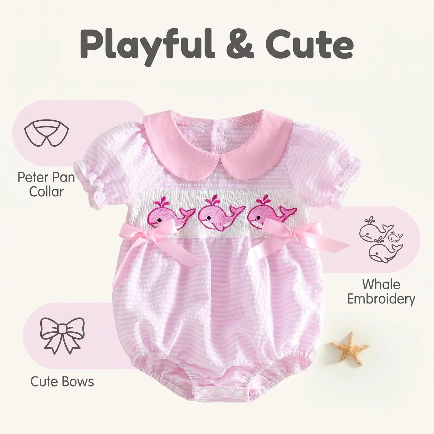 Baby Girl Romper Newborn Infant Short Sleeve Embroidered Smocked Jumpsuit with Headband Summer Outfit Clothes