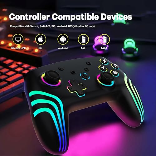 Miniatura 8 de MYSTILUCK Wireless Pro Controller for Switch/Switch 2/Lite/OLED/PC, Gamepad with 7 Color-Changing RGB Lighting/Dual Vibration/6-Axis
