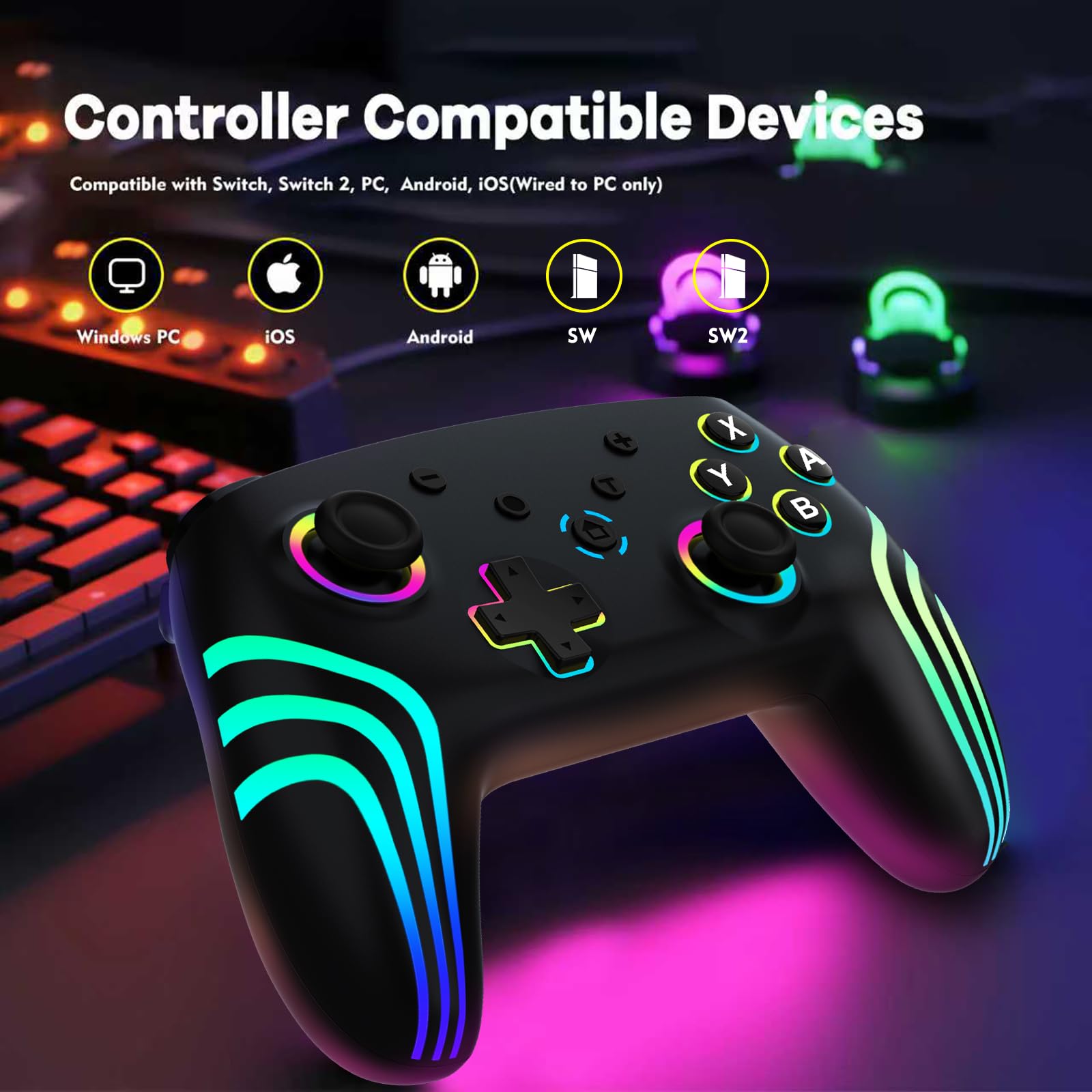 MYSTILUCK Mandos Inalámbrico Pro para Switch/Switch 2/Lite/OLED/PC, Controller con Iluminación RGB Cambiante 7 Colores/Disparador Hall Effect/Vibración Dual/Turbo, Mando con Diseño Ergonómico