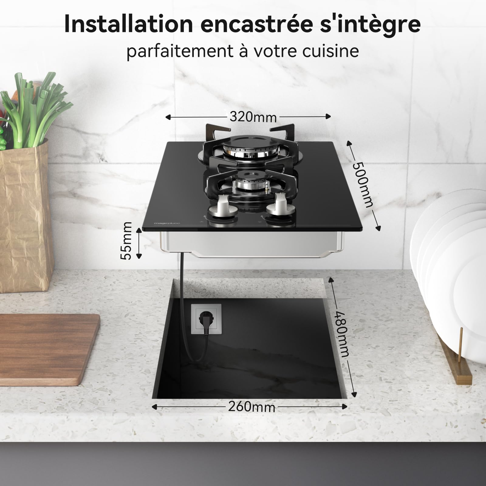 Magicplux Plaque de Gaz 2 Feux Encastrable 30cm, Table de Cuisson Gaz 4300W, Verre Noir