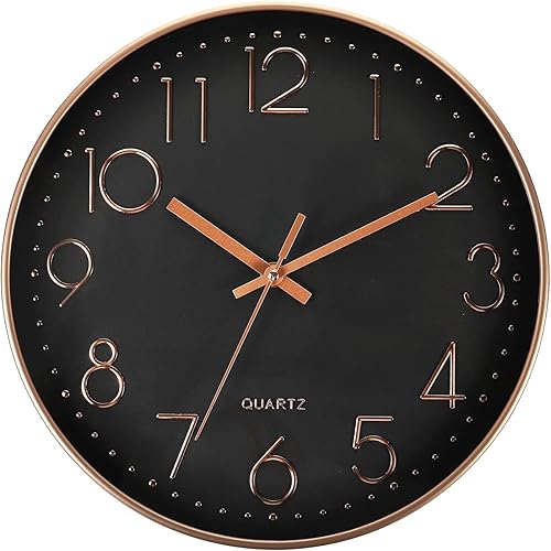 PATIKIL Reloj de pared de 12 pulgadas, funciona con pilas, silencioso, sin tictac, redondo, para oficina, dormitorio, decorativo, color negro y