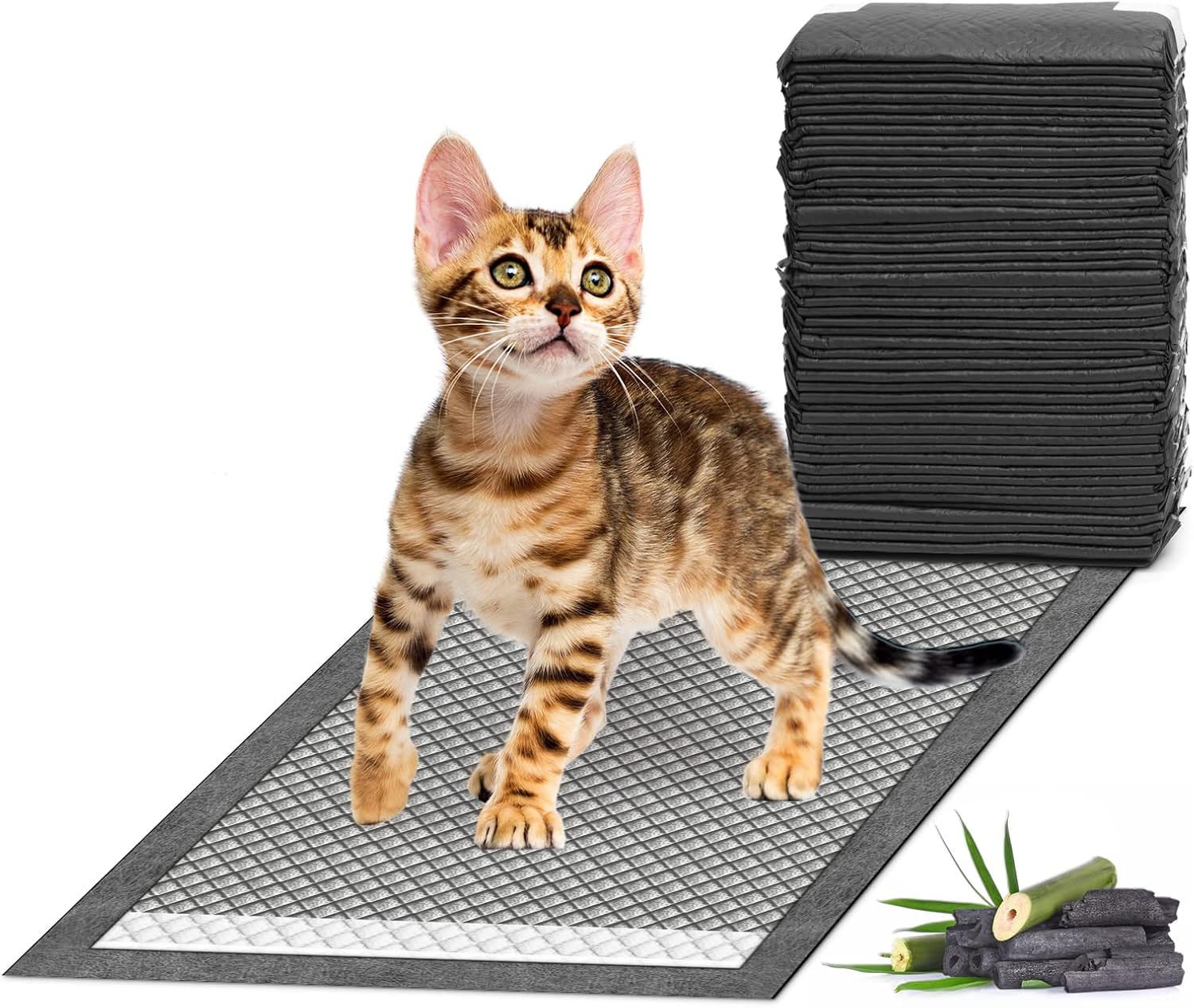 MIZOK Charcoal Cat Pads 16.9x11.4in Refills for Litter Box, 6-Layer Leak-Proof Super Absorbent Up to 15-Cup Activated Carbon Odor-Control, Disposable (40 Counts)
