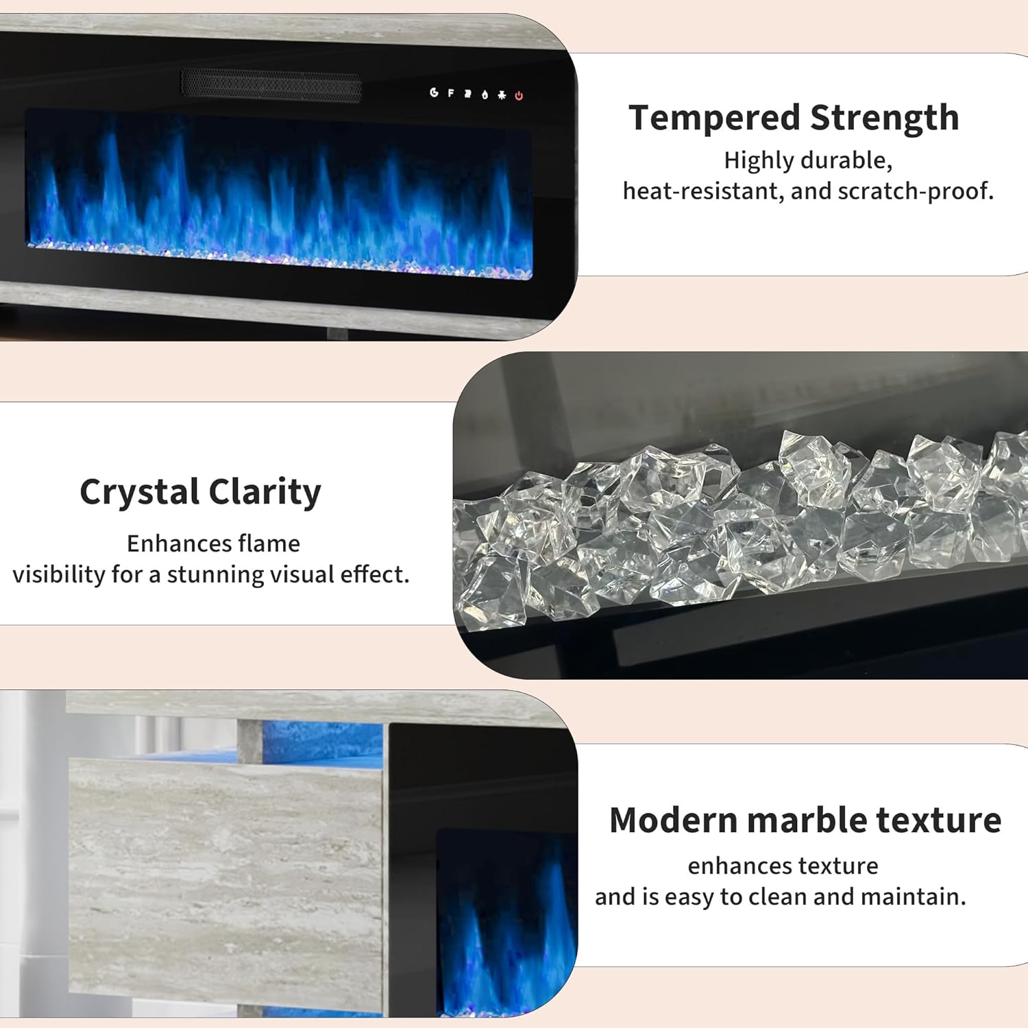 Rresyet Marble Textured Fireplace Stand with 36" Electric Fireplace, LED Entertainment Center, Hidden Gloss Storage Cabinet, Modern TV Stands for Living Room, Fits Screens Up to 80" Travertine