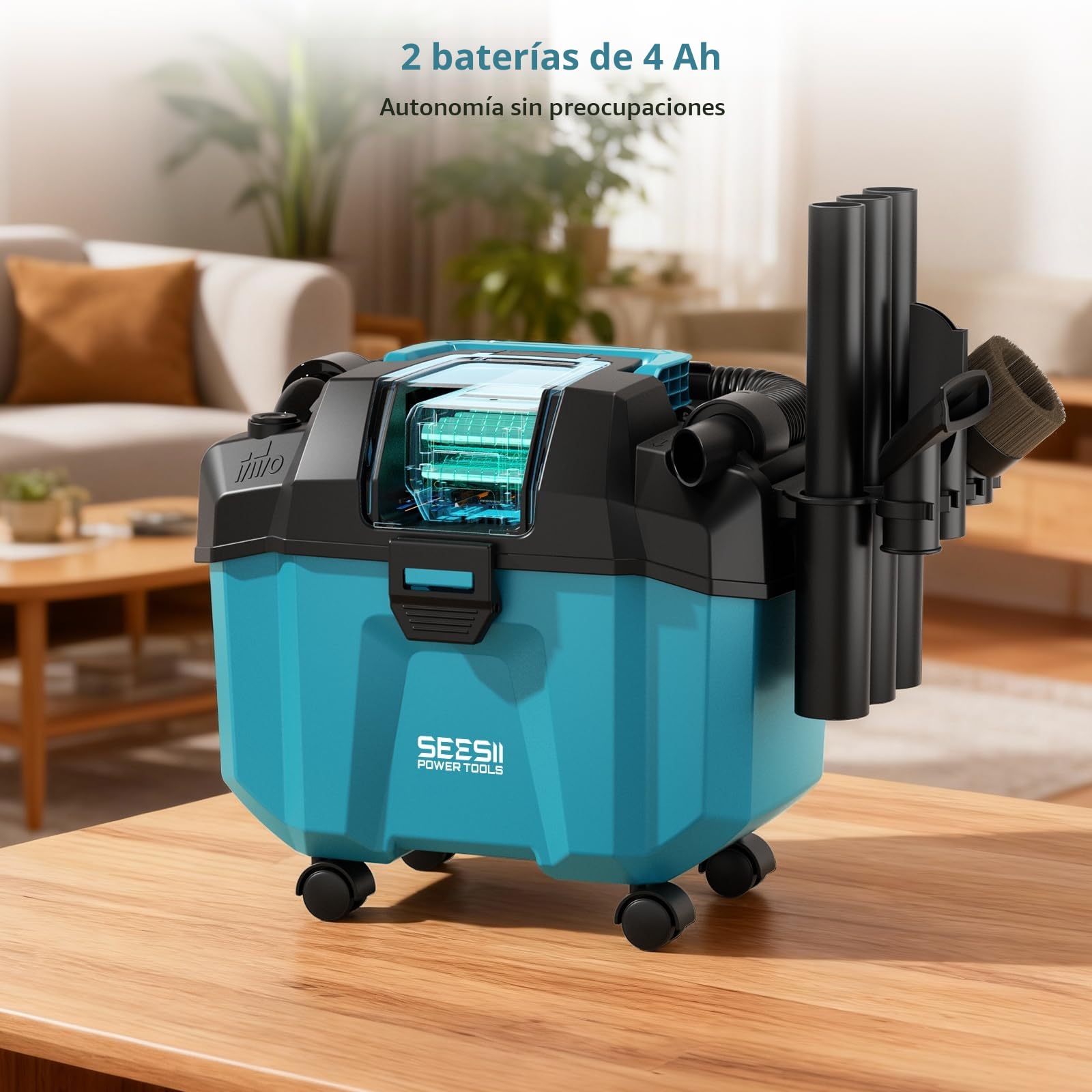 Seesii Aspiradora seco y Humedo sin Cable, 10L, 2 baterías de 4 Ah, Filtro HEPA, Correa, 4 Ruedas y Accesorios. Ideal para Garaje, Coche, Taller y casa (Azul)