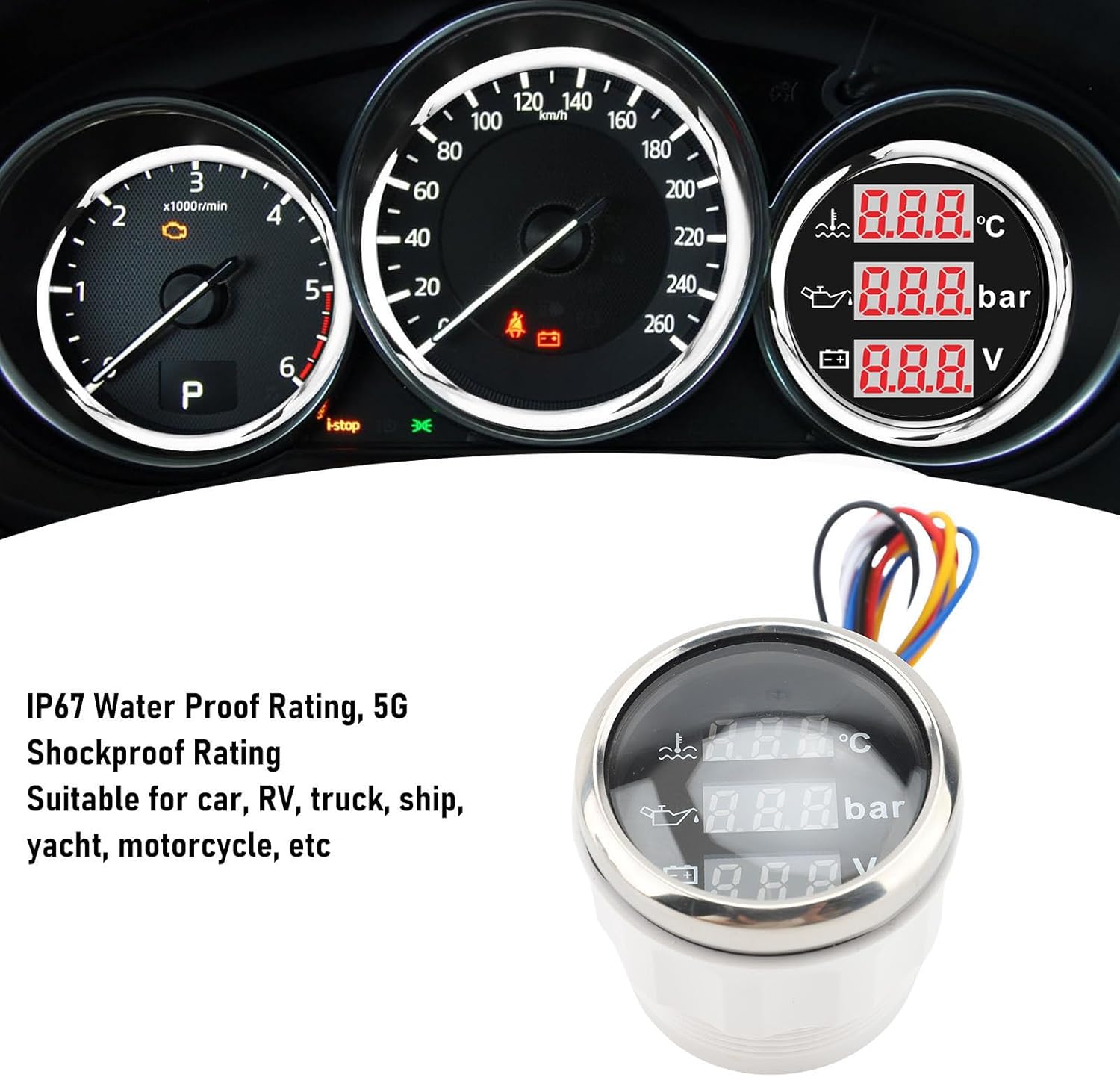 banapoy 3 in 1 Triple Gauge Set, Engine Coolant Temperature, Oil Pressure Gauge, Battery Voltmeter Indicator, Instrument Sensor Kit for Car Boat Truck Vehicle Marine, 52mm (Black Dial Silver Cover)
