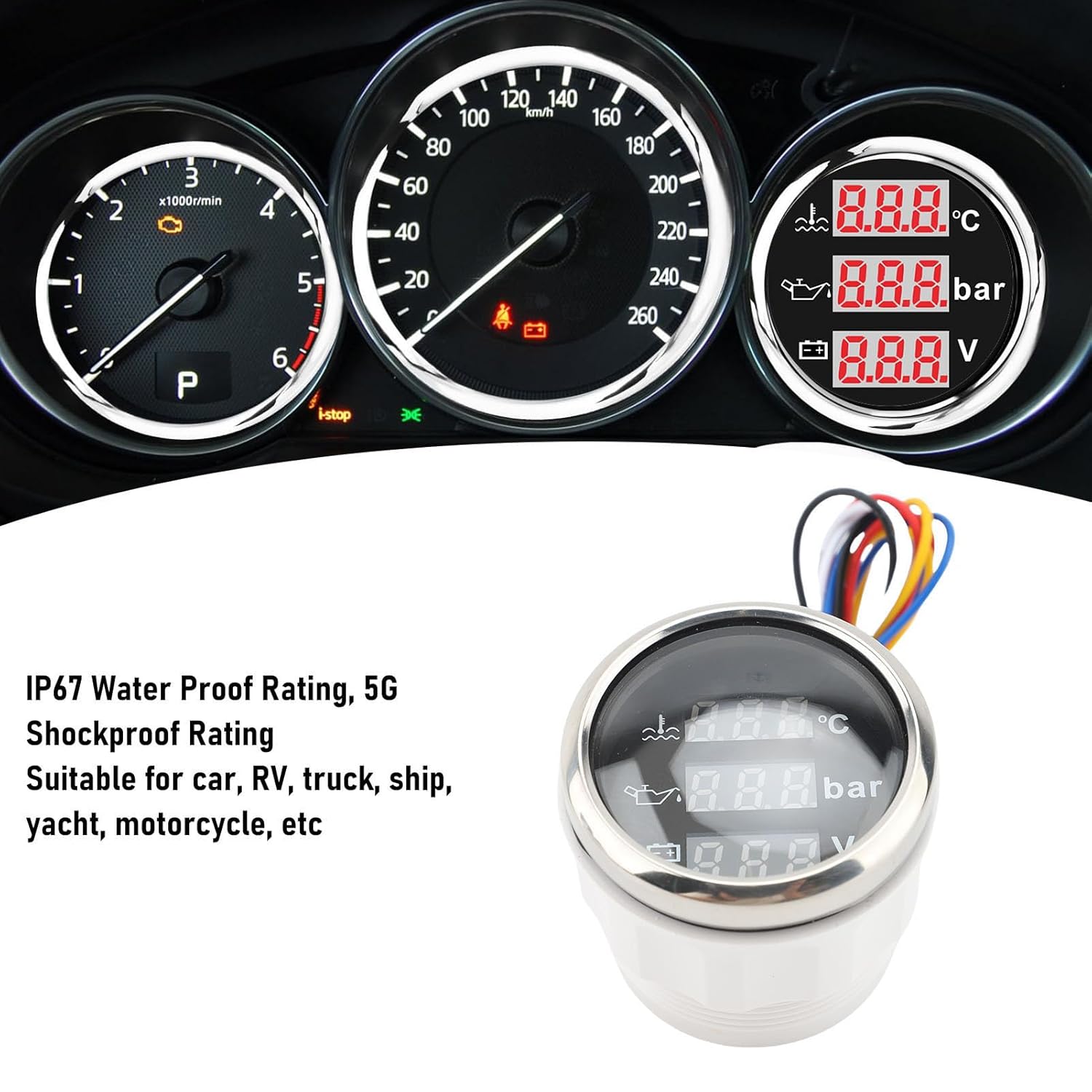 52mm 3 in 1 Car Marine Gauge Set, Engine Coolant Water Temperature Gauge ° F Oil Pressure Gauge PSI Voltmeter, Instrument Sensor Kit for Truck Boat Vehicle (Black Dial Silver Cover)