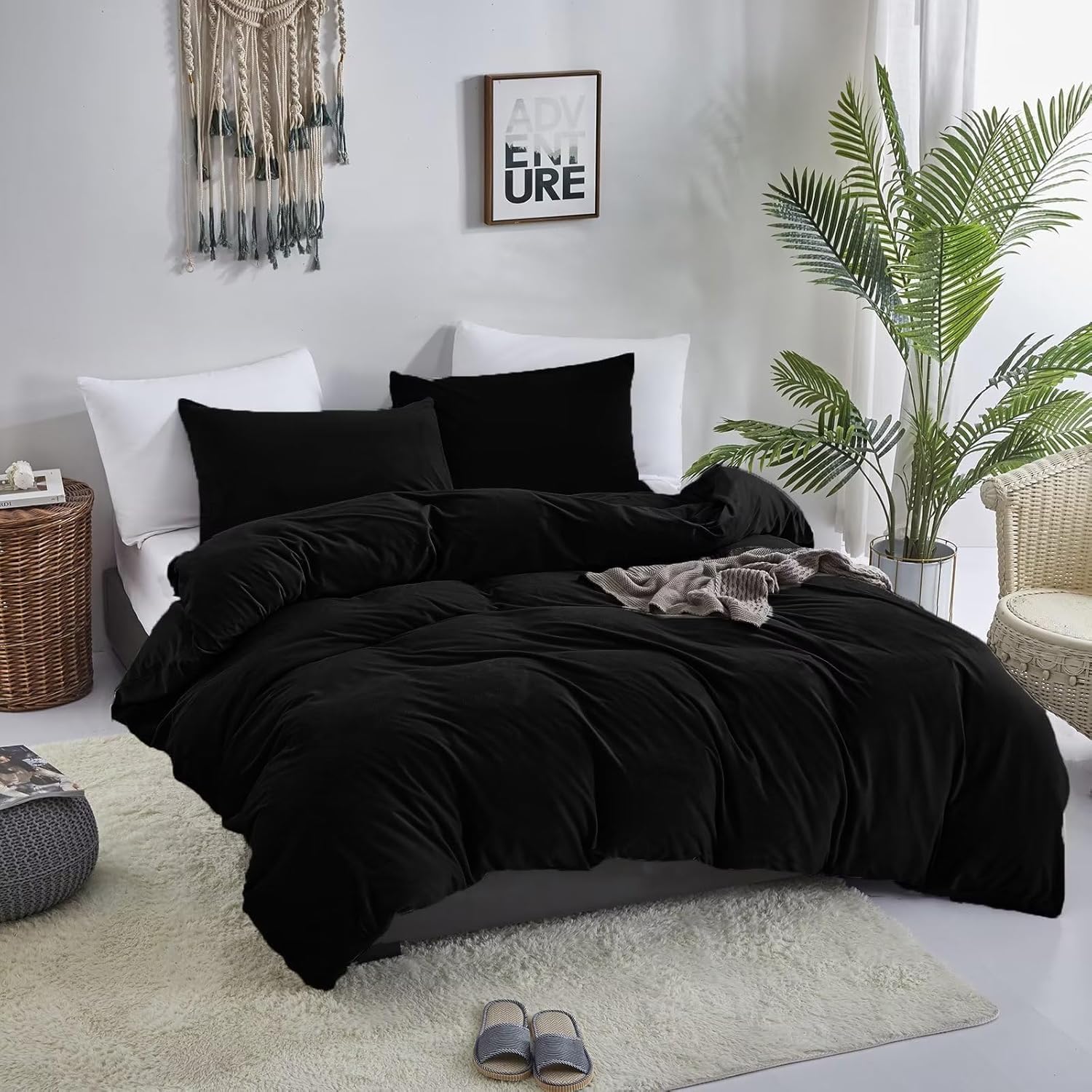 KAREVER Black Velvet Comforter Set - Full Flannel Bedding Comforter Set with 3 PCs Warm Soft Solid Black Winter Blanket - Image 7