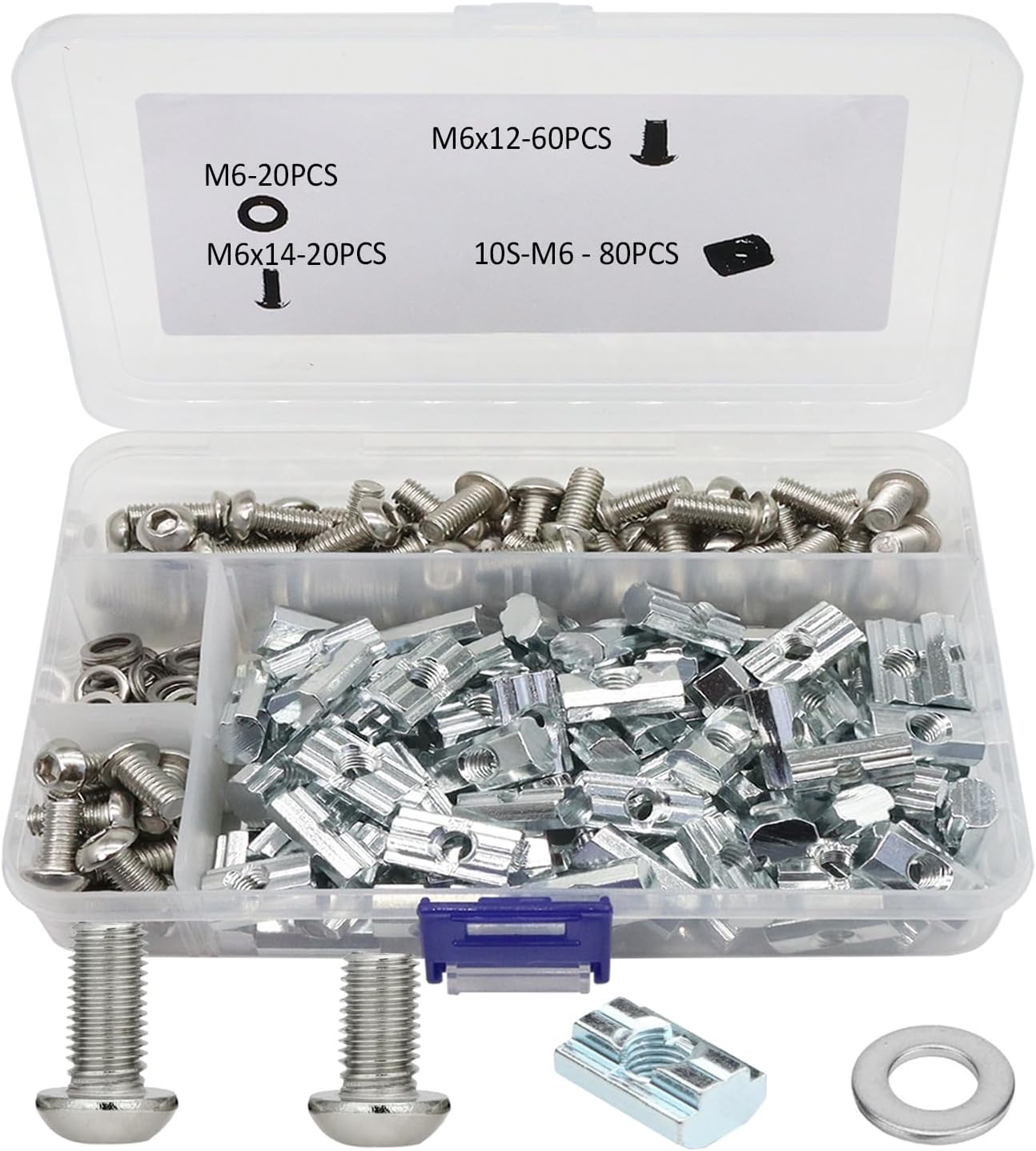 180Pcs M6 T-Nuts Screws Kit for 1010 1020 Series Aluminum Extrusion Profile Bracket with 60Pcs M6x12 20Pcs M6x14 Hexagon Socket Bolts, 20Pcs Washers, 80Pcs 10 Series M6 T Sliding Nut