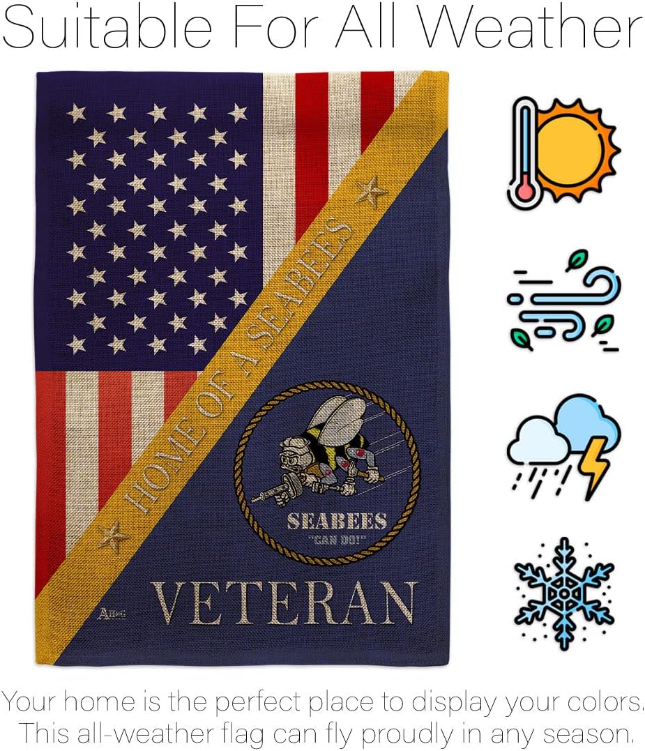 Home of Seabees Burlap Garden Flag - Set with Stand Armed Forces Navy USN Seabee United State American Military Veteran Retire Official - House Banner Cemetery Yard Rememberance Veterans Day Gifts