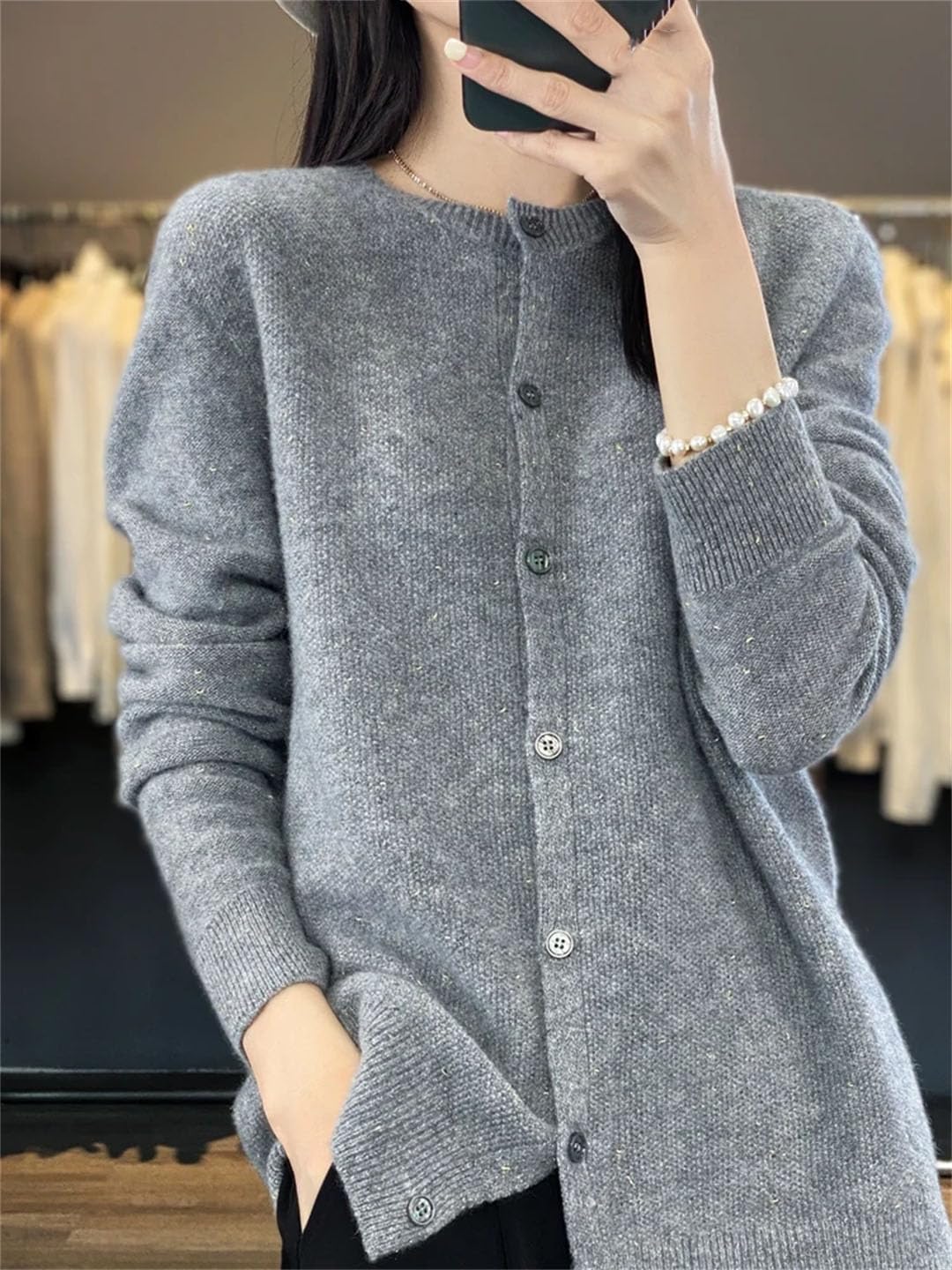 Cardigan da donna con scollo rotondo, a maniche lunghe, in lana e cashmere