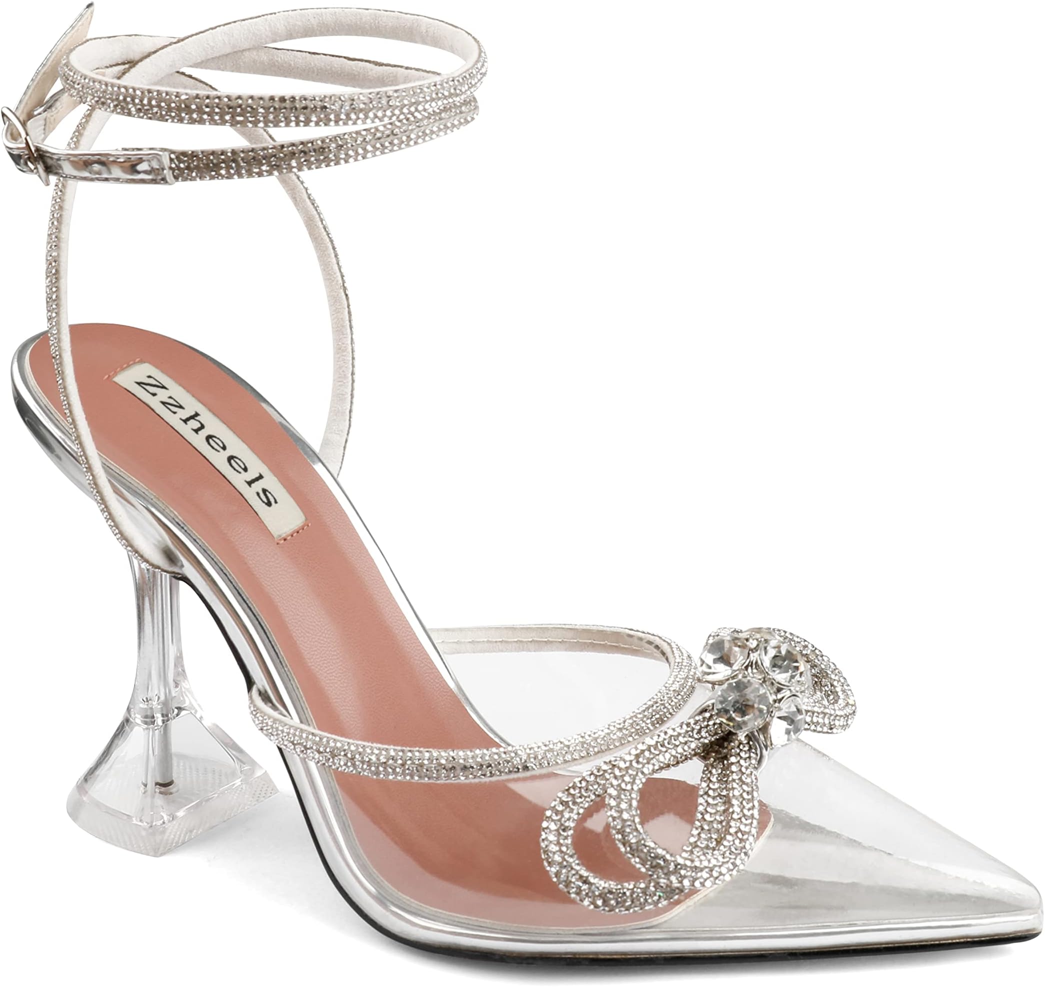 ZzheelsWomen Bowknot Clear Heels Crystal Slingback Sandals Lace-up Shoes for Party Dating