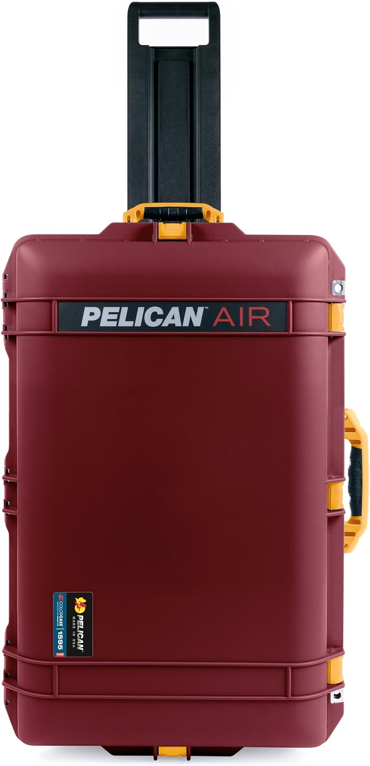 ColorCase Pelican 1595 Case OxBlood - Large Sized Waterproof Case with Grey Padded Dividers & Combo Pouch Lid Organizer- Yellow Handles & Latches