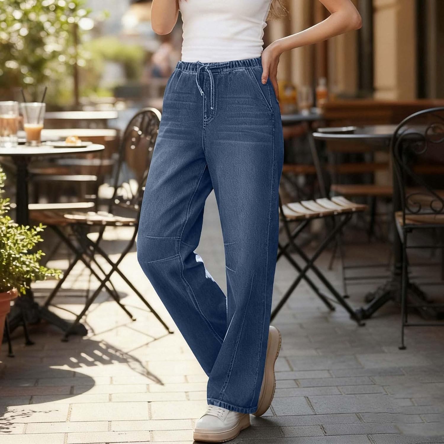 Wide Leg Jeans for Women 2026 Wide Leg Jeans Mid Waist Denim Pants Vintage Y2k Trousers Drawstring Elastic Waist Pants