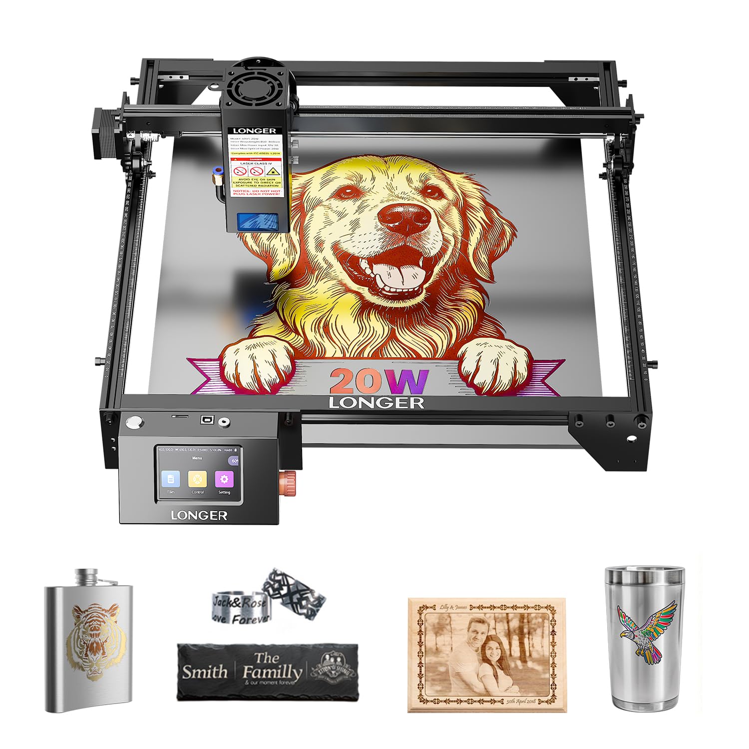Longer RAY5 Upgraded 20W Laser Engraver Machine, Exclusive 3.5" Touch Screen for DIY, Cutting Tool for Metal Coloring, Acrylic, Wood, Glass, Leather. Laser Class 2