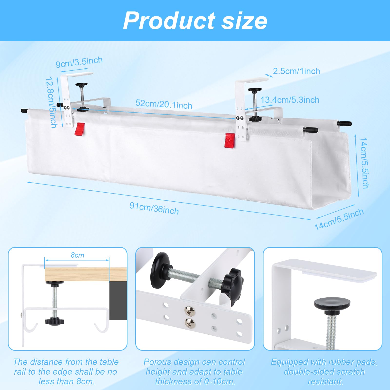 Kabelmanagement unter dem Schreibtisch 90cm Kabelkanal Ohne Bohren, Flexibler Kabel Organizer, Klemm- oder Schraubmontage, Weiß