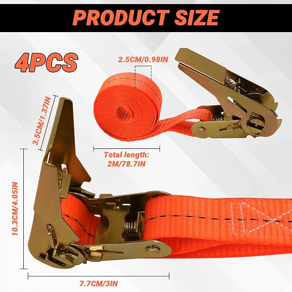 Set di 4 cinghie con cricchetto, cinghie a cricchetto, 25 mm x 2 m, cinghie di ancoraggio con cricchetto, cinghia regolabile per moto, auto, rimorchi, casa - 2